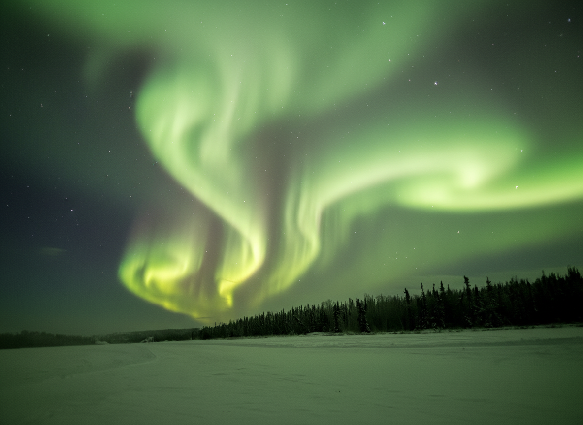 Vibrant green aurora borealis dancing over snow-covered Yellowknife wilderness with boreal forest silhouette