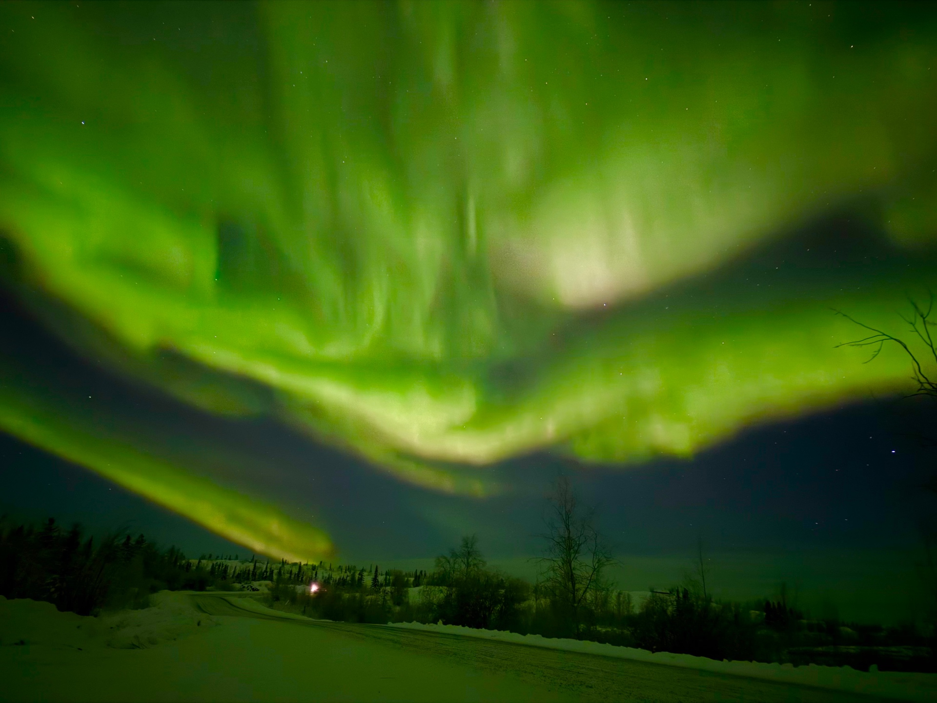 Dramatic aurora borealis display over winter landscape